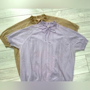 Lot of 2 St.Michael Vtg 90s Knit S/S Sweaters Ruffle Neck Bow Lilac Beige Sz. 18